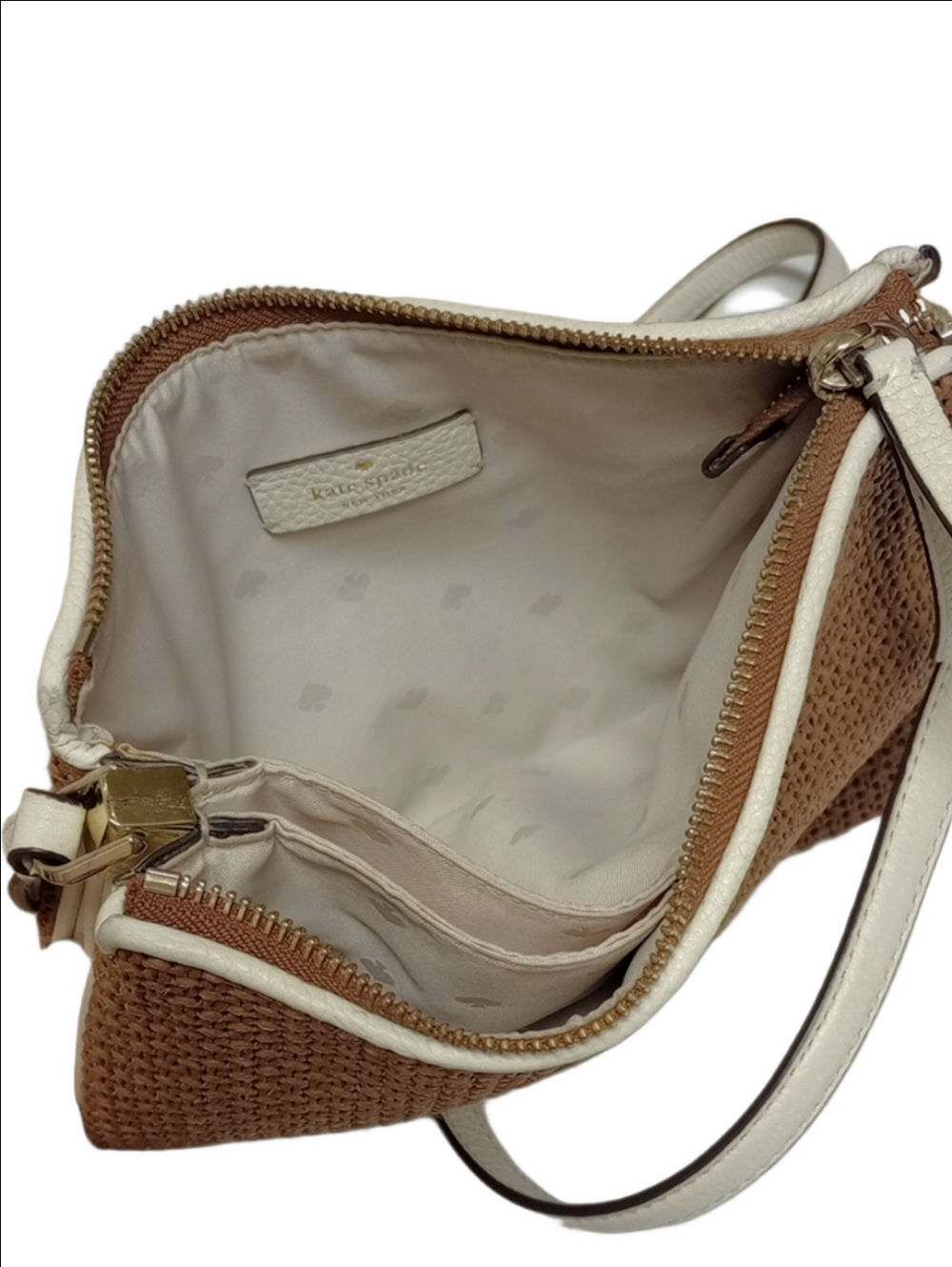 KATE SPADE TAN STRAW WICKER WOVEN CROSSBODY BAG WITH WHITE LEATHER ACCENTS - Picture 12 of 15